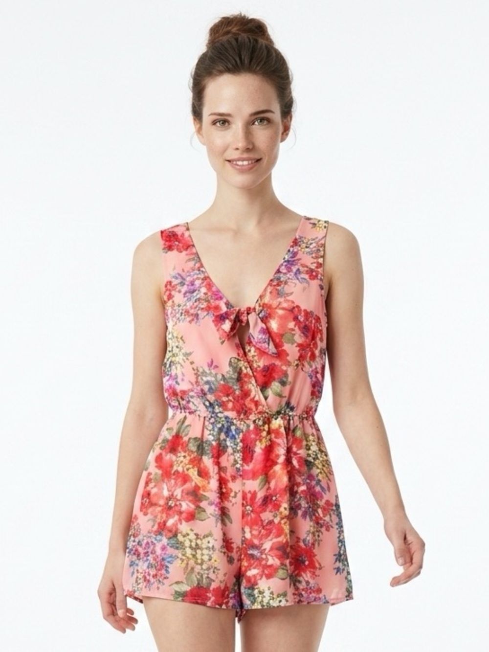 STACCATO | Coral Floral Tie Front Romper Shorts Jumper Women’s Size Medium